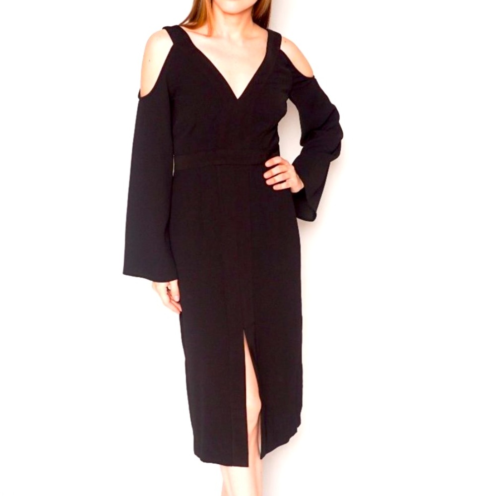 KEEPSAKE In Motion Cold Shoulder Black Midi Dress